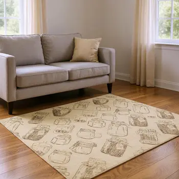 8' X 10' Beige And Brown Geometric Washable Area Rug With UV Protection