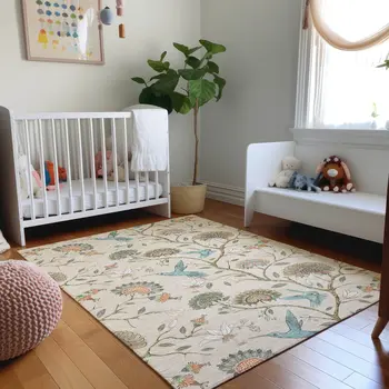 5' X 8' Beige Blue And Peach Geometric Washable Area Rug With UV Protection