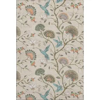 5' X 8' Beige Blue And Peach Geometric Washable Area Rug With UV Protection