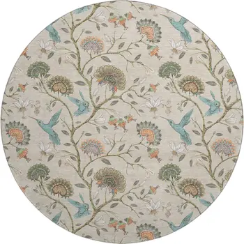 8' Beige Blue And Peach Geometric Washable Round Rug With UV Protection