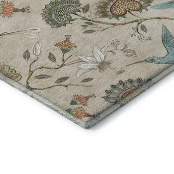 8' Beige Blue And Peach Geometric Washable Round Rug With UV Protection