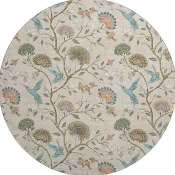 8' Beige Blue And Peach Geometric Washable Round Rug With UV Protection