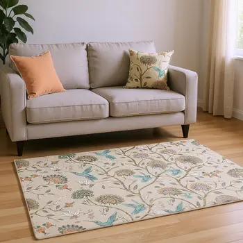 9' X 12' Beige Blue And Peach Geometric Washable Area Rug With UV Protection
