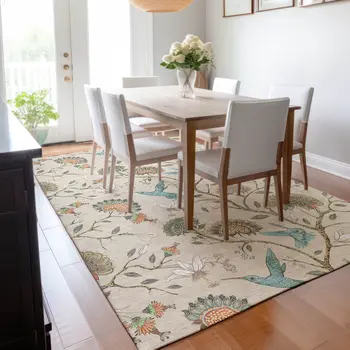 10' X 14' Beige Blue And Peach Geometric Washable Area Rug With UV Protection