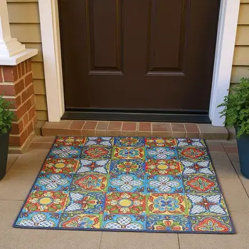 3' X 5' Blue Red Yellow And Green Geometric Washable Area Rug With UV Protection