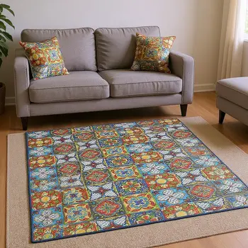 5' X 8' Blue Red Yellow And Green Geometric Washable Area Rug With UV Protection