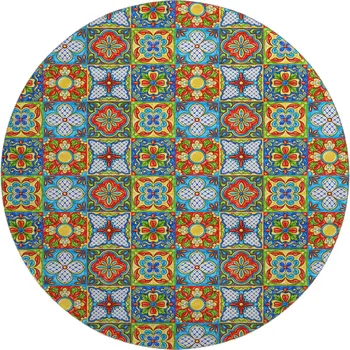 8' Blue Red Yellow And Green Geometric Washable Round Rug With UV Protection