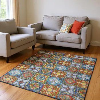 8' X 10' Blue Red Yellow And Green Geometric Washable Area Rug With UV Protection