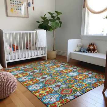 8' X 10' Blue Red Yellow And Green Geometric Washable Area Rug With UV Protection