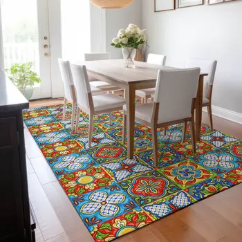 8' X 10' Blue Red Yellow And Green Geometric Washable Area Rug With UV Protection