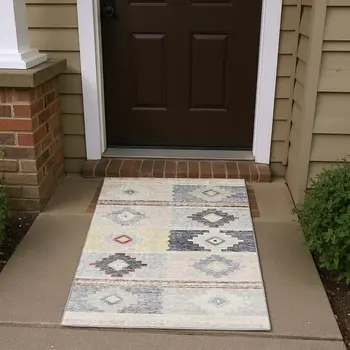 3' X 5' Gray Ivory And Beige Geometric Washable Area Rug With UV Protection