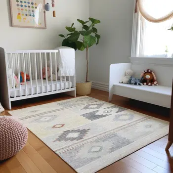 3' X 5' Gray Ivory And Beige Geometric Washable Area Rug With UV Protection