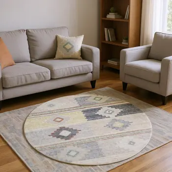 8' Gray Ivory And Beige Geometric Washable Round Rug With UV Protection
