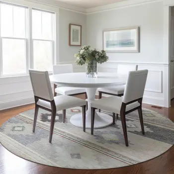 8' Gray Ivory And Beige Geometric Washable Round Rug With UV Protection
