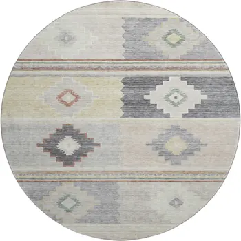 8' Gray Ivory And Beige Geometric Washable Round Rug With UV Protection