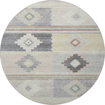 8' Gray Ivory And Beige Geometric Washable Round Rug With UV Protection