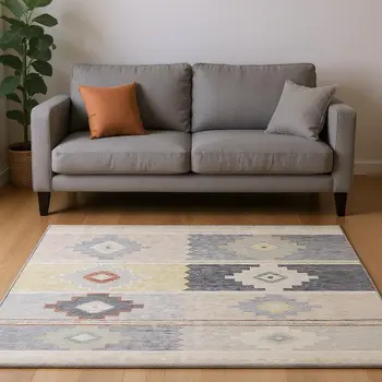 8' X 10' Gray Ivory And Beige Geometric Washable Area Rug With UV Protection