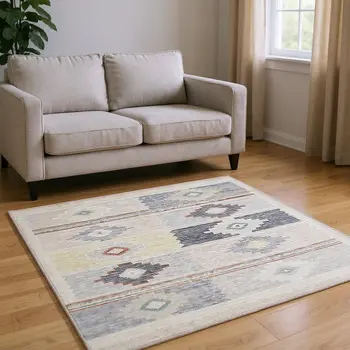 10' X 14' Gray Ivory And Beige Geometric Washable Area Rug With UV Protection