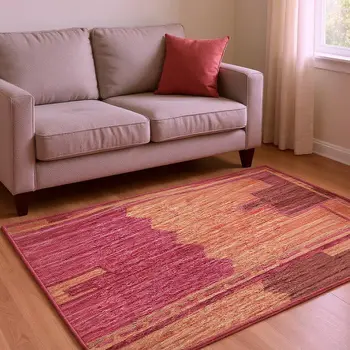 5' X 8' Pink Rust And Beige Geometric Washable Area Rug With UV Protection