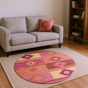 8' Pink Rust And Beige Geometric Washable Round Rug With UV Protection