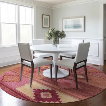 8' Pink Rust And Beige Geometric Washable Round Rug With UV Protection