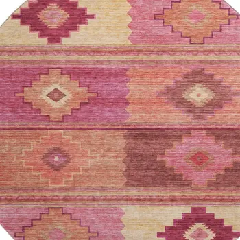8' Pink Rust And Beige Geometric Washable Round Rug With UV Protection