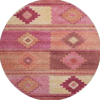 8' Pink Rust And Beige Geometric Washable Round Rug With UV Protection