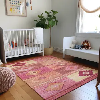 8' X 10' Pink Rust And Beige Geometric Washable Area Rug With UV Protection