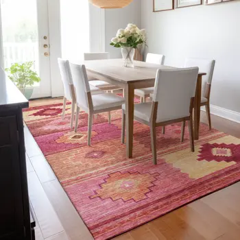8' X 10' Pink Rust And Beige Geometric Washable Area Rug With UV Protection