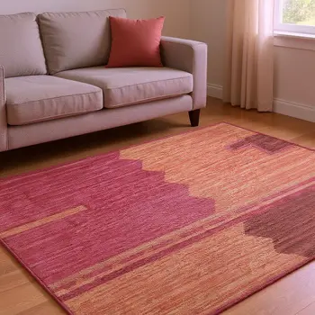 8' X 10' Pink Rust And Beige Geometric Washable Area Rug With UV Protection