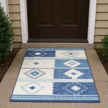 3' X 5' Blue And Ivory Geometric Washable Area Rug With UV Protection