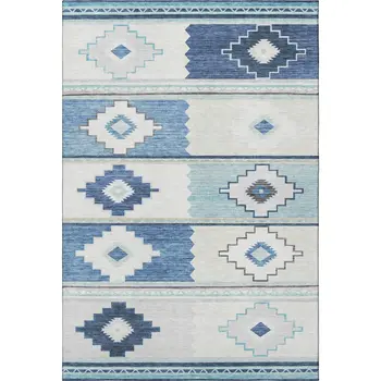 3' X 5' Blue And Ivory Geometric Washable Area Rug With UV Protection