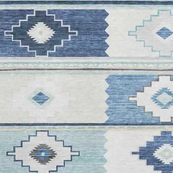 5' X 8' Blue And Ivory Geometric Washable Area Rug With UV Protection