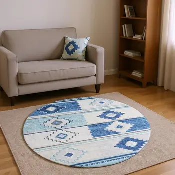 8' Blue And Ivory Geometric Washable Round Rug With UV Protection