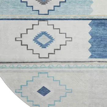 8' Blue And Ivory Geometric Washable Round Rug With UV Protection