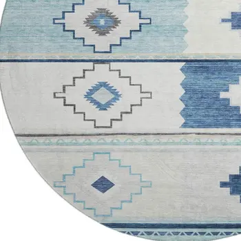 8' Blue And Ivory Geometric Washable Round Rug With UV Protection