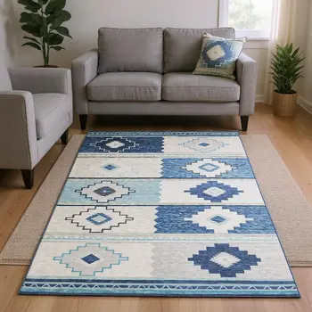 8' X 10' Blue And Ivory Geometric Washable Area Rug With UV Protection