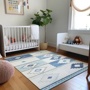 8' X 10' Blue And Ivory Geometric Washable Area Rug With UV Protection
