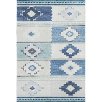 8' X 10' Blue And Ivory Geometric Washable Area Rug With UV Protection