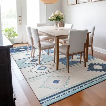 8' X 10' Blue And Ivory Geometric Washable Area Rug With UV Protection
