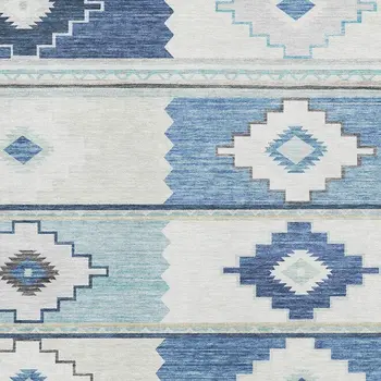 8' X 10' Blue And Ivory Geometric Washable Area Rug With UV Protection