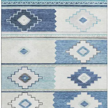 8' X 10' Blue And Ivory Geometric Washable Area Rug With UV Protection