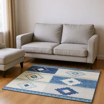 9' X 12' Blue And Ivory Geometric Washable Area Rug With UV Protection