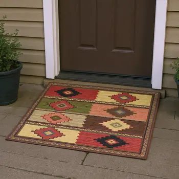 3' X 5' Rust Green And Gold Geometric Washable Area Rug With UV Protection