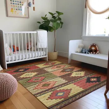 3' X 5' Rust Green And Gold Geometric Washable Area Rug With UV Protection