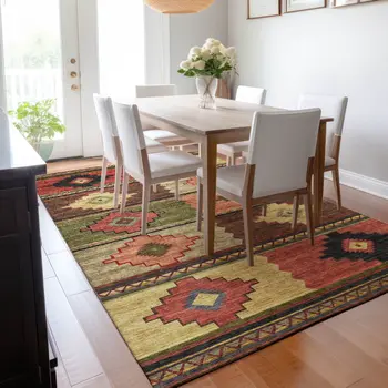 3' X 5' Rust Green And Gold Geometric Washable Area Rug With UV Protection