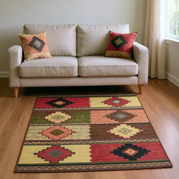 5' X 8' Rust Green And Gold Geometric Washable Area Rug With UV Protection