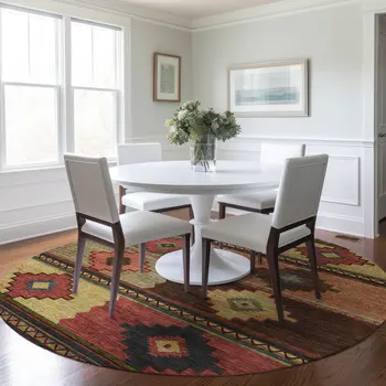 8' Rust Green And Gold Geometric Washable Round Rug With UV Protection