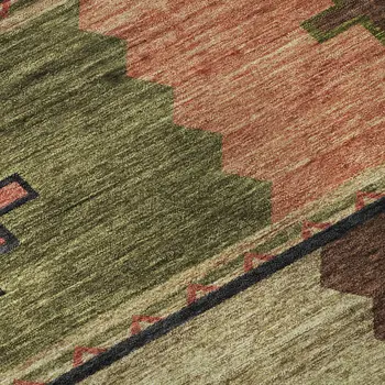8' Rust Green And Gold Geometric Washable Round Rug With UV Protection
