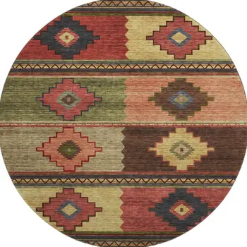 8' Rust Green And Gold Geometric Washable Round Rug With UV Protection